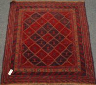 Gazak red and blue ground rug, geometric patterned field,