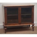 Victorian inlaid walnut cabinet, two glazed doors, turned feet on castors, W77cm, H66cm,