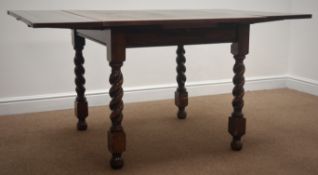 Early 20th century oak drawer leaf table, barley twist supports, turned feet, 149cm x 88cm,