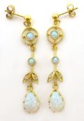 Pair of silver-gilt opal pendant earrings,