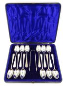 Set of twelve Victorian silver teaspoons and pair of sugar nips by Josiah Williams & Co London 1891,