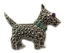 Silver marcasite and gem set scotty dog brooch,