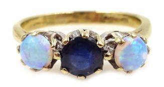 Gold three stone sapphire and opal ring, hallmarked 9ct Condition Report Approx 2.