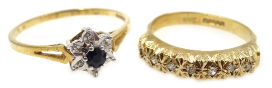 9ct gold sapphire and diamond flower set ring and a gypsy style diamond ring both hallmarked 4.