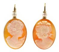 Pair of gold cameo and pearl earrings, stamped 9K Condition Report Length = 3cm,