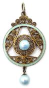 Norwegian silver gilt and blue pearlised enamel pendant by Marius Hammer Bergen circa 1910-1920