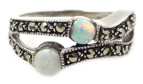 Silver opal and marcasite ring,