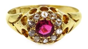 Victorian 18ct gold ring, central ruby surrounded by diamonds,