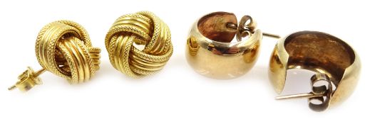 Pair of gold knot earrings and pair of hoop earrings,