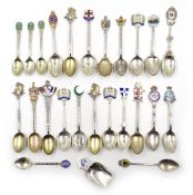 Collection of silver and enamel commemorative and souvenir teaspoons approx 10oz