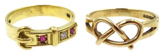 18ct ruby and diamond buckle ring and a 9ct gold friendship ring both hallmarked
