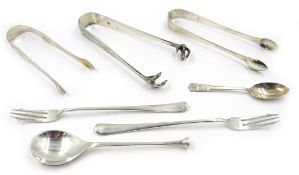 Georgian and later silver pairs sugar nips, pickle forks,