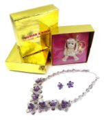 Butler & Wilson crystal flower necklace with matching ear-rings and teddy bear key-ring boxed