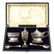 Silver condiment set by Deakin and Francis Birmingham 1945/46 approx 6oz and two plated spoons