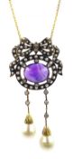 Gold and silver cabochon amethyst, seed pearls, diamonds and pearls necklace,