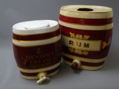 Edwardian Rum barrel, titled in gilt, H36cm and a Mendoza Cream Sherry barrel,