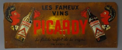 French tin sign advertising Picardy 'Les Fameux Vins', W81cm,
