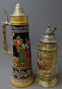Large German Beer stein, tapering body relief decorated with a tavern scene,