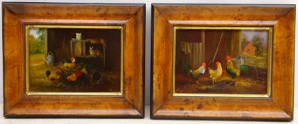 Hens in a Barn, pair of oils on panel signed by Keith Tovey (British 20th century) 11.5cm x 16.