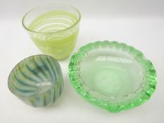 Daum Nancy green glass dish with bubble inclusions and waved rim, signed, D17cm,