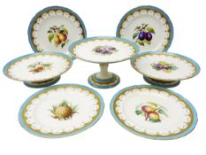 Late Victorian Minton dessert service hand painted with fruit within a gilded border on turquoise