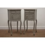 Pair late 19th century painted bedside lamp tables, marble top, single drawer,