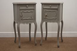 Pair late 19th century painted bedside lamp tables, marble top, single drawer,