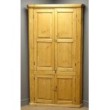 18th century country pine corner cupboard, four panelled doors, W110cm, H194cm,