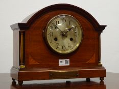 20th century inlaid mahogany arched top mantel clock with silvered Arabic dial,