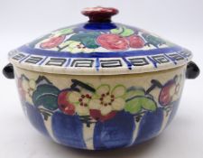 Mak' Merry bowl and cover painted with fruit and flowers, signed and dated 1922, D16.
