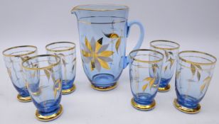 Vintage blue glass jug and glass set (7)