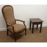 Victorian style stained beech framed open armchair and Marks & Spencers single drawer lamp table