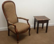 Victorian style stained beech framed open armchair and Marks & Spencers single drawer lamp table