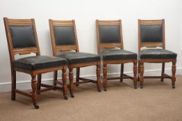 Set four early 20th century oak dining chairs, reeded cresting rail, upholstered back and seat,