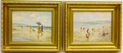 Edwardian Beach Scene, pair of 20th century oils on board signed by M J Randall 19cm x 24.