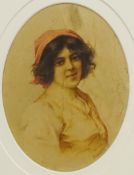 Portrait of a Young Woman, oval watercolour signed by Romolo Tessari (Italian 1868-1947) 19cm x 14.