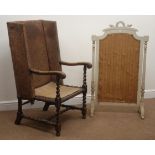 19th century oak framed wingback chair, carved arms,