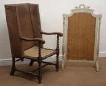 19th century oak framed wingback chair, carved arms,