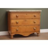 19th century pine marble top chest of three drawers, turned supports, W96cm, H67cm,