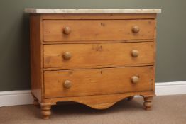19th century pine marble top chest of three drawers, turned supports, W96cm, H67cm,