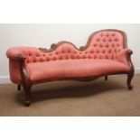 Victorian style walnut framed chaise longue, floral carved shaped cresting rail,