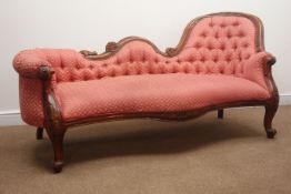 Victorian style walnut framed chaise longue, floral carved shaped cresting rail,