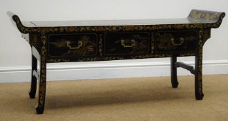 Chinoiserie style black lacquered and gilded window seat with three drawers, out splayed supports,
