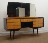 Retro walnut and fiddle back maple dressing table, raised shaped mirror, seven drawers,