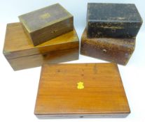 Two Victorian tooled leather jewellery boxes, mahogany brass bound writing slope, L35cm,