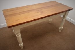 20th century farmhouse style dining table, polished pine rectangular top,