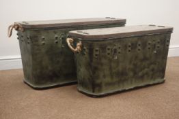 Two graduating industrial style metal and wood trunks with rope handles,