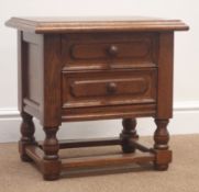 Medium oak bedside cabinet, two drawers, turned supports joined by stretchers, W47cm, H46cm,