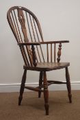19th century elm and ash high back Windsor armchair, pierced splat and stick back,