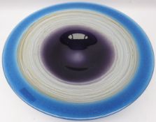 Large Stuart Akroyd art glass bowl, amethyst centre with bands of cream and blue, signed,